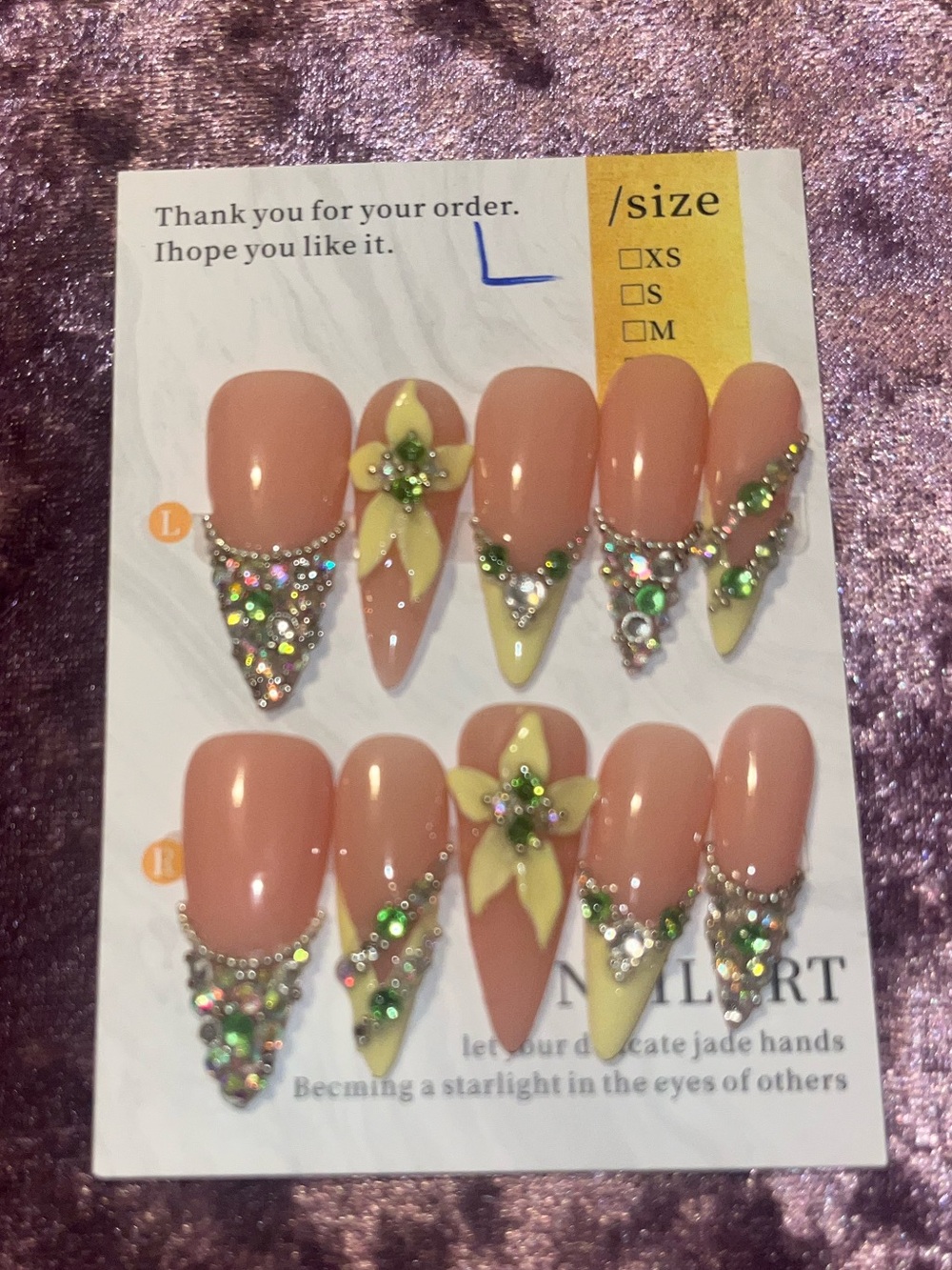 Peach & Yellow Rhinestone Floral Press-On Nail Set